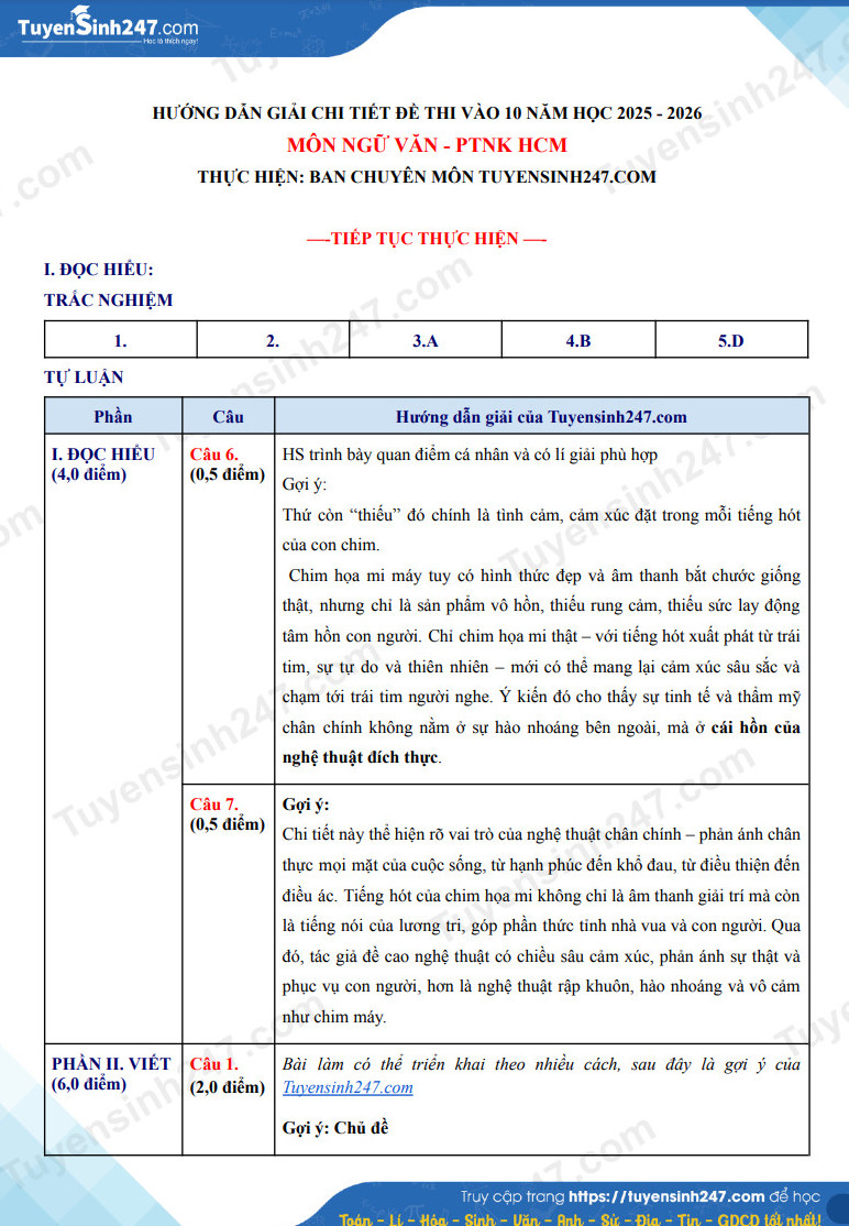 Dap an de thi vao lop 10 mon Van khong chuyen - Pho thong nang khieu HCM 2025