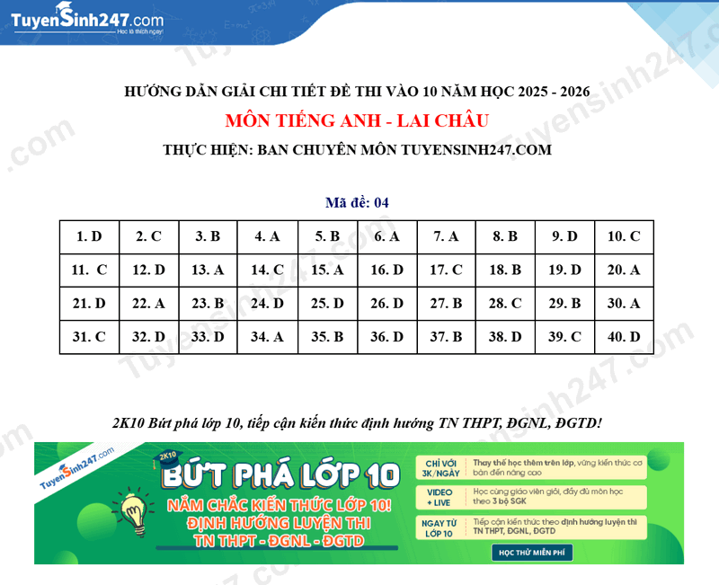 Dap an de thi mon Anh vao lop 10 - Lai Chau 2025