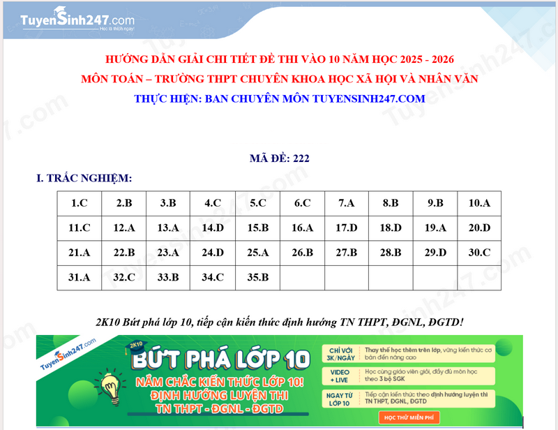 Dap an de thi vao lop 10 mon Toan 2025 - THPT Chuyen Khoa hoc xa hoi va nhan van HN
