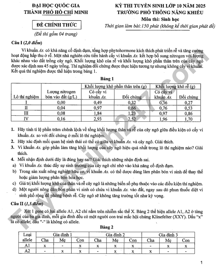 De thi vao lop 10 mon Sinh 2025 - truong Pho thong nang khieu TPHCM