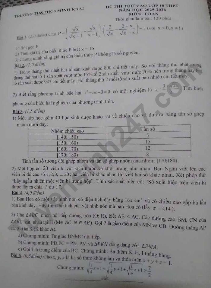 De thi thu vao lop 10 mon Toan 2025 - TH&THCS Minh Khai