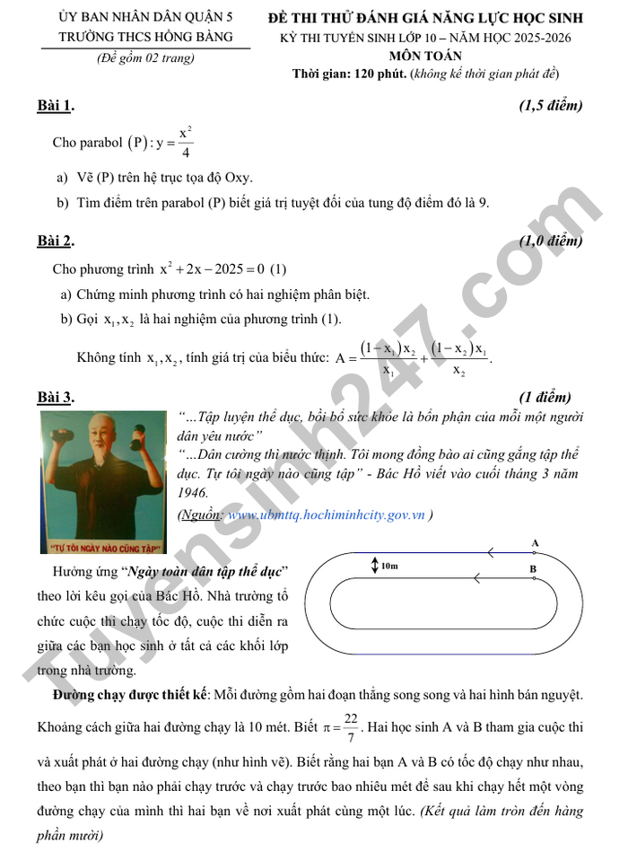 De thi thu mon Toan vao lop 10 nam 2025 - THCS Hong Bang