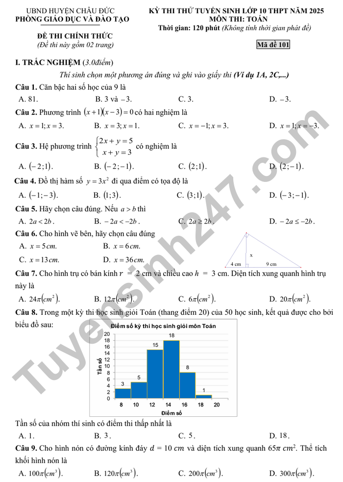 De thi thu vao lop 10 nam 2025 mon Toan - huyen Chau Duc