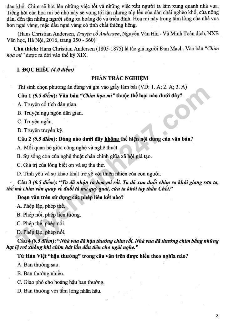 Dap an de thi vao lop 10 mon Van khong chuyen - Pho thong nang khieu HCM 2025