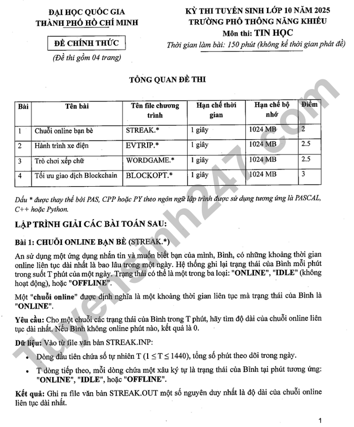 De thi vao lop 10 nam 2025 mon Tin - truong Pho thong nang khieu HCM