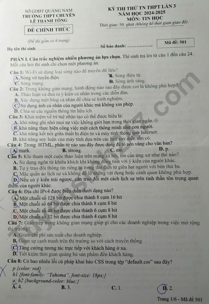 De thi thu TN THPT 2025 mon Tin - THPT Chuyen Le Thanh Tong (lan 3)