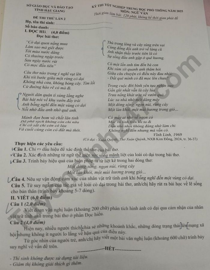 De thi thu tot nghiep THPT mon Van 2025 - So GDDT Hau Giang (lan 2)