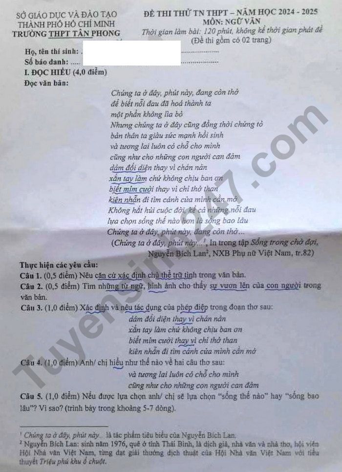 De thi thu TN THPT mon Van nam 2025 - THPT Tan Phong