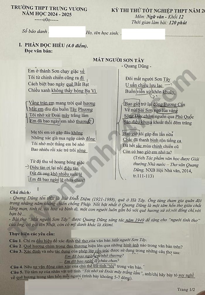 De thi thu tot nghiep THPT 2025 THPT Trung Vuong - mon Van