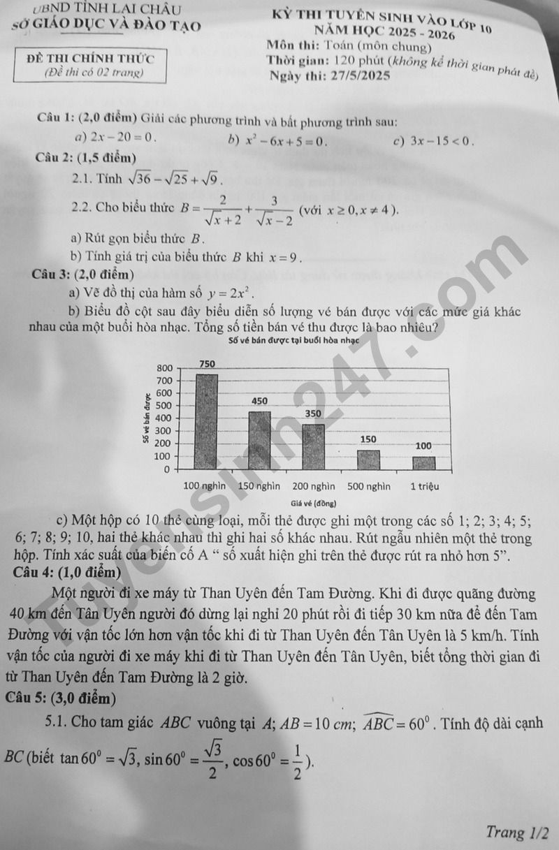 Dap an de thi vao lop 10 mon Toan 2025 - Lai Chau