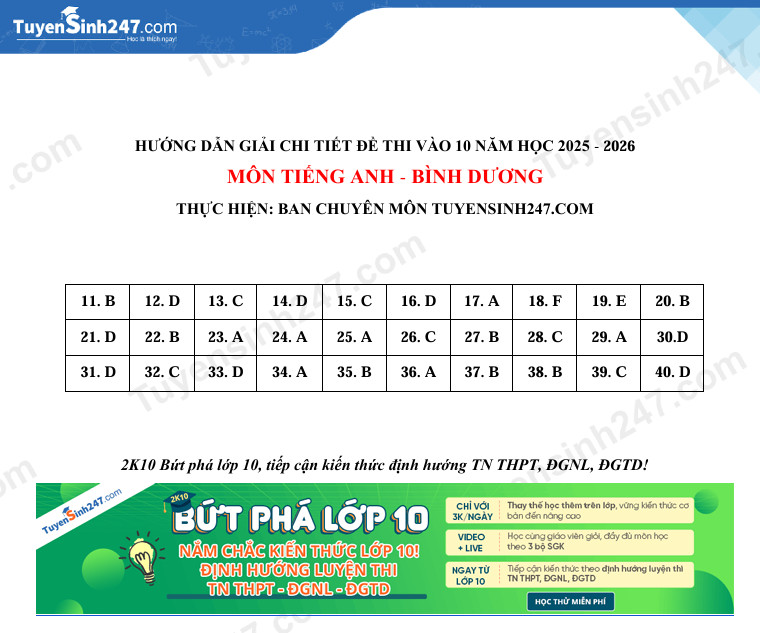 Dap an de thi mon Anh vao lop 10 nam 2025 - Binh Duong