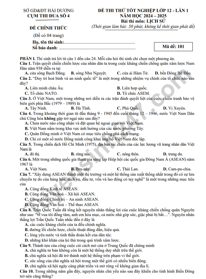 De thi thu tot nghiep THPT 2025 lan 1 mon Su - Cum thi dua so 4 Hai Duong