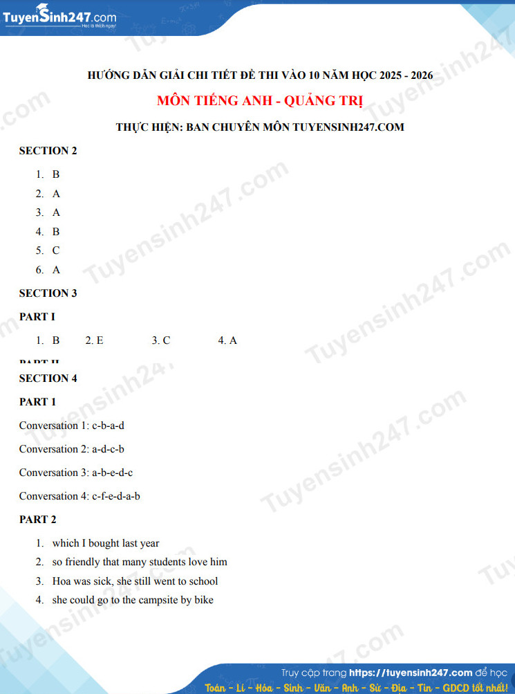 Dap an de thi mon Anh vao lop 10 - Quang Tri 2025