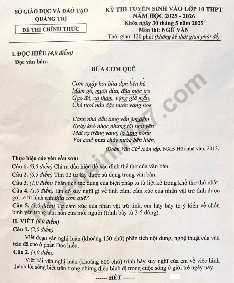 Dap an de thi mon Van vao lop 10 - Quang Tri 2025
