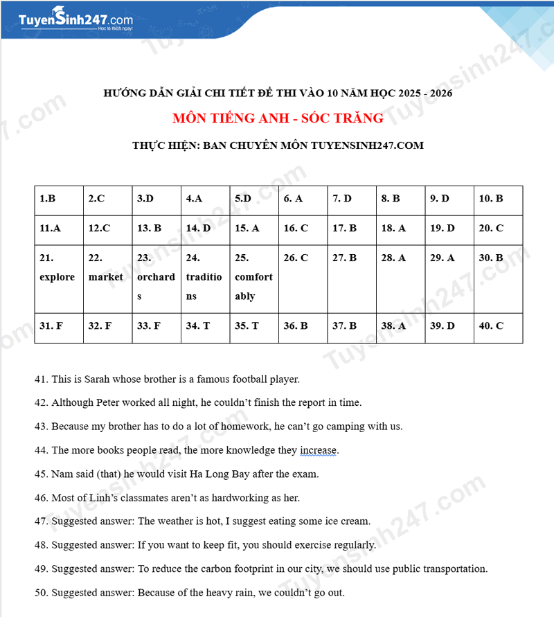 Dap an de thi vao lop 10 mon Anh 2025 - Soc Trang