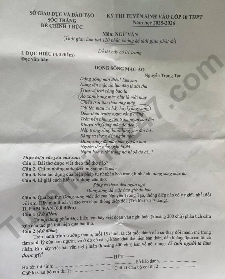 Dap an de thi mon Van vao lop 10 nam 2025 - Soc Trang