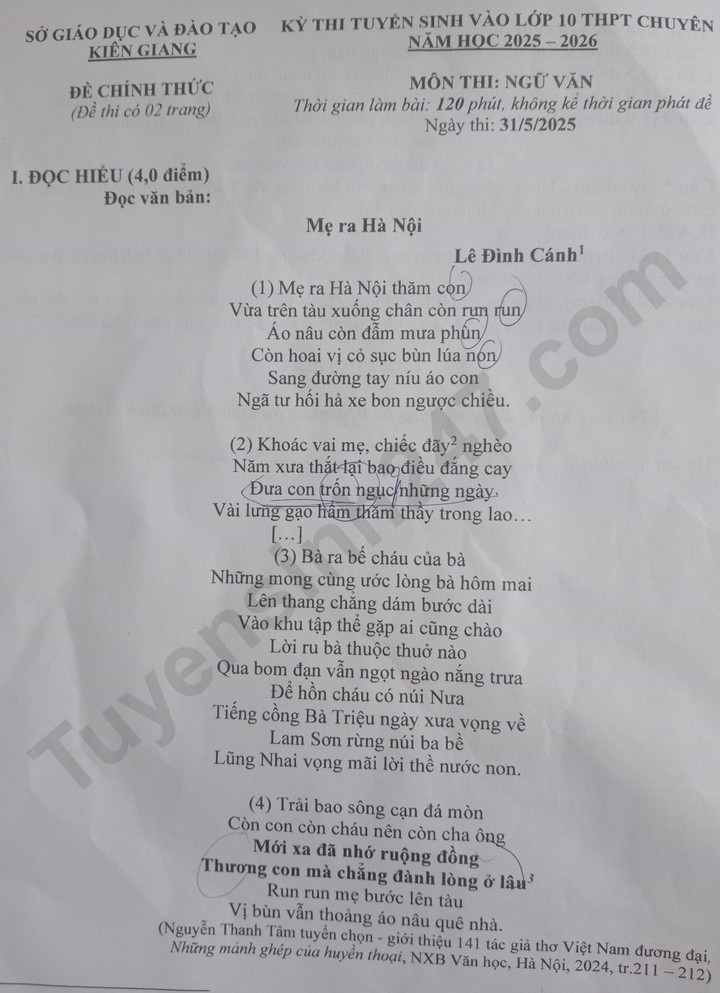 De thi vao lop 10 Kien Giang 2025 - mon Van chuyen (Co dap an)