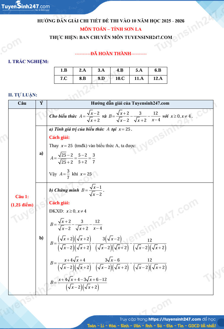 Dap an de thi mon Toan vao lop 10 - Son La 2025