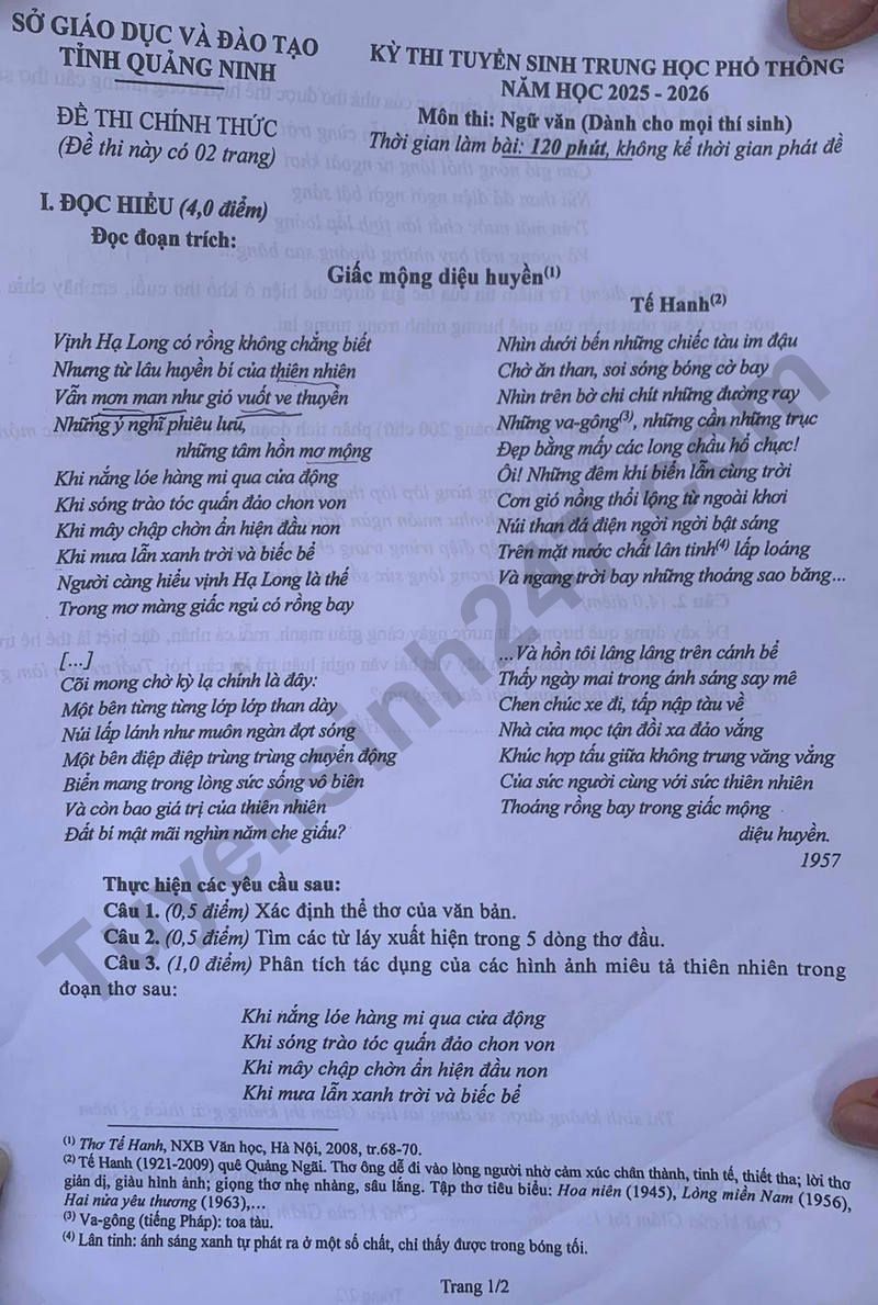 Dap an de thi vao lop 10 mon Van 2025 - Quang Ninh