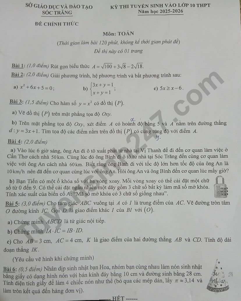 Dap an de thi vao lop 10 mon Toan - Soc Trang 2025