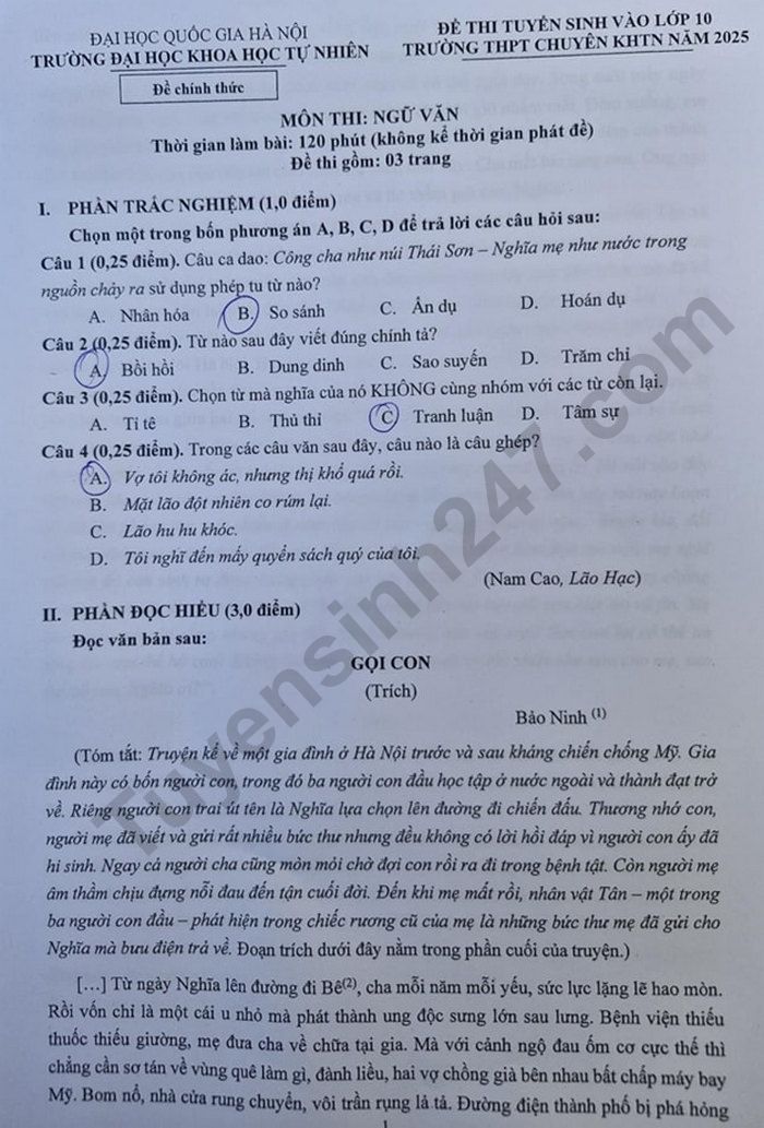 Dap an de thi vao lop 10 mon Van 2025 - THPT chuyen Khoa hoc tu nhien HN