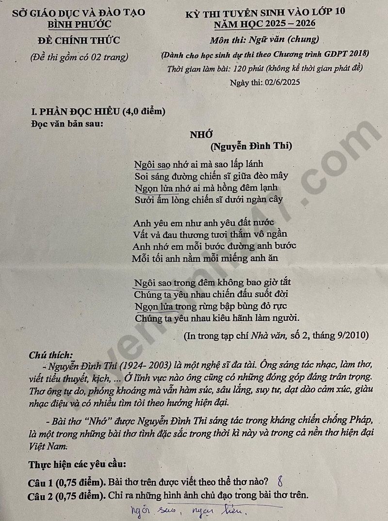 Dap an de thi mon Van vao lop 10 - Binh Phuoc 2025