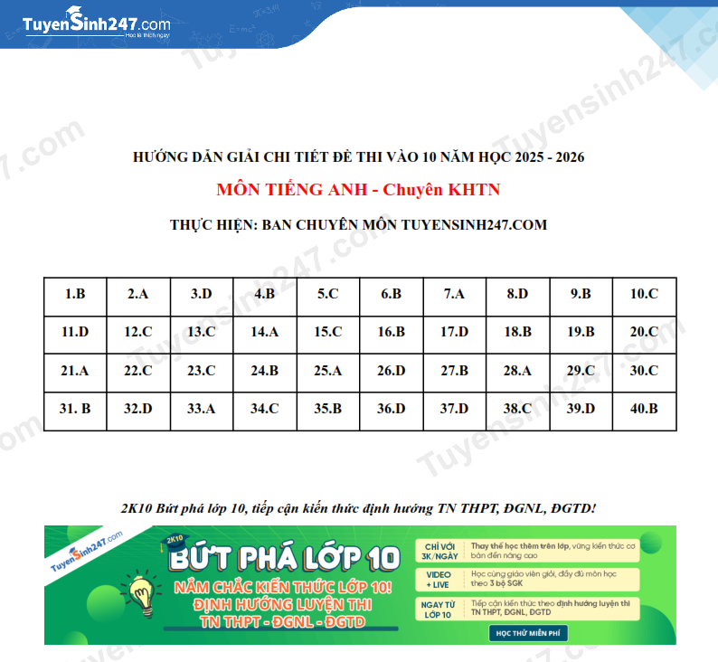 Dap an de thi vao lop 10 mon tieng Anh - Khoa hoc tu nhien HN 2025