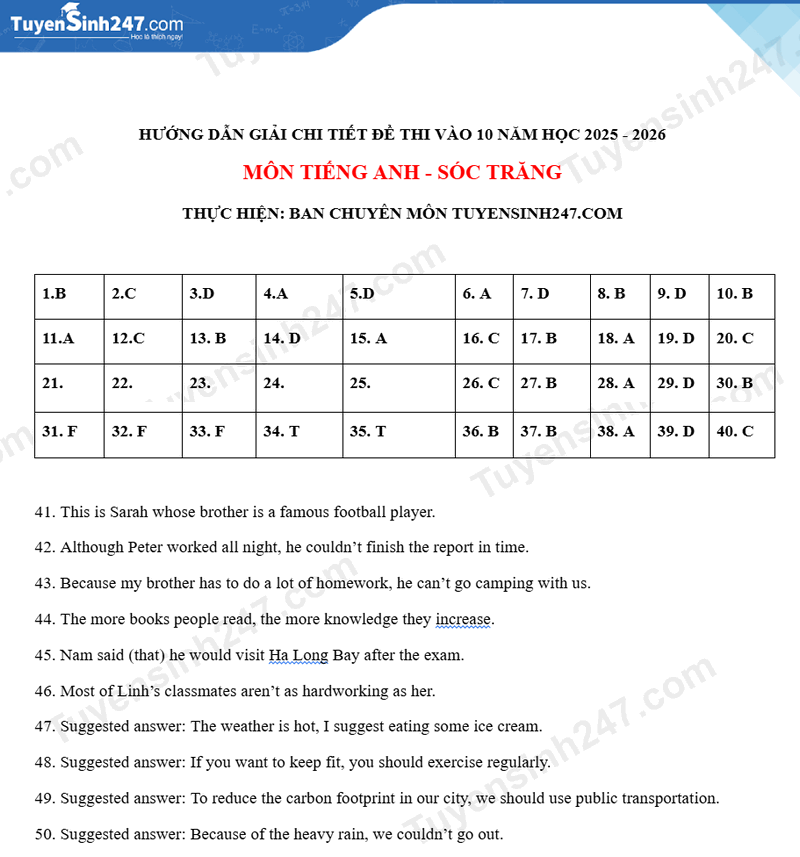 Dap an de thi vao lop 10 mon Anh 2025 - Soc Trang