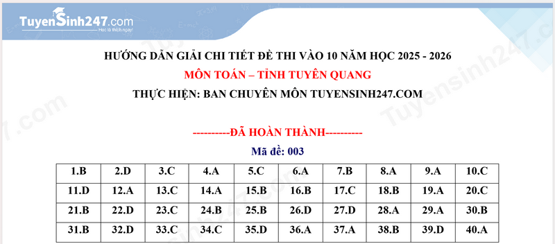 Dap an de thi vao lop 10 - Tuyen Quang mon Toan 2025