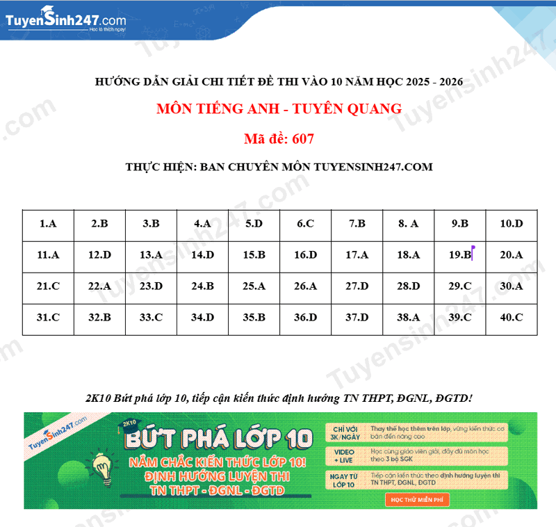 Dap an de thi vao lop 10 mon Anh - Tuyen Quang 2025