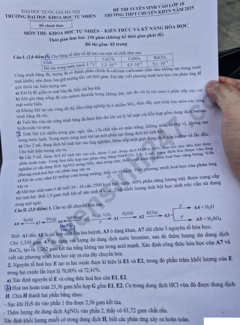 De thi vao lop 10 mon Hoa 2025 - Truong THPT Chuyen Khoa hoc Tu nhien Ha Noi