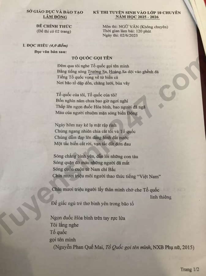Dap an de thi vao lop 10 mon Van chung - Lam Dong 2025