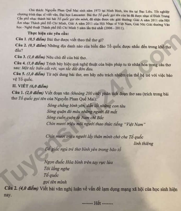 Dap an de thi vao lop 10 mon Van chung - Lam Dong 2025