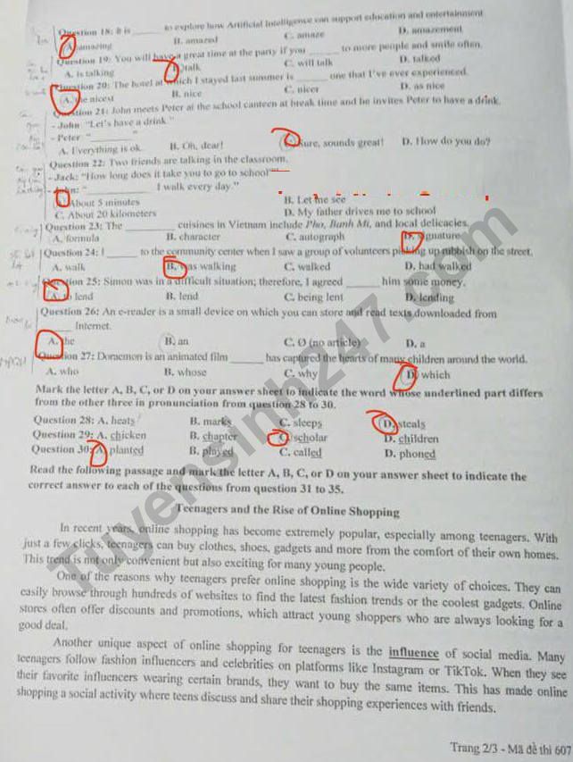 Dap an de thi vao lop 10 mon Anh - Tuyen Quang 2025