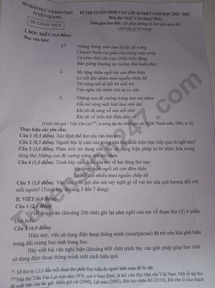 Dap an de thi vao lop 10 mon Van 2025 - Tuyen Quang