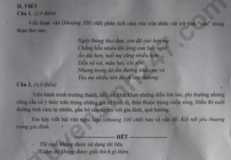 Dap an de thi mon Van vao lop 10 - Kon Tum 2025