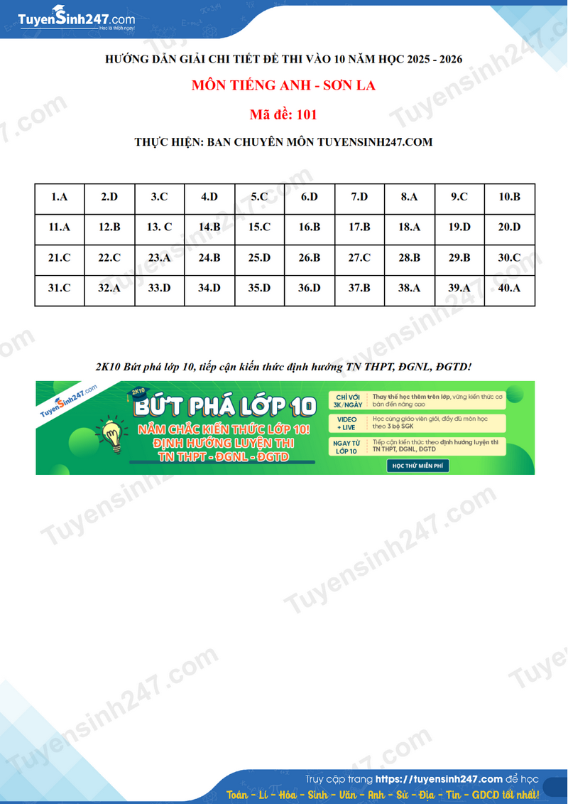Dap an de thi mon Anh vao lop 10 - Son La 2025