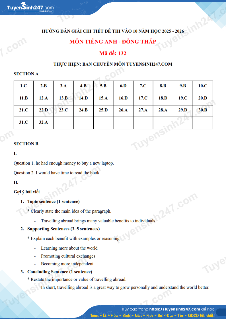 Dap an de thi vao lop 10 mon Anh 2025 - Dong Thap
