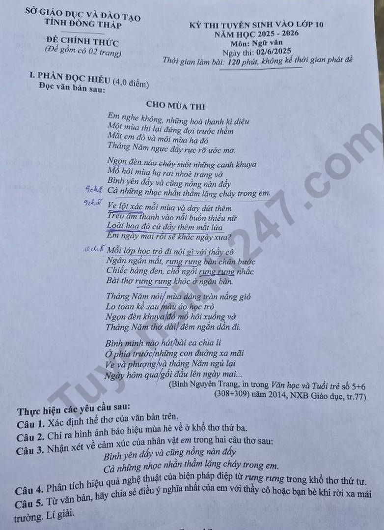 Dap an de thi mon Van vao lop 10 - Dong Thap 2025