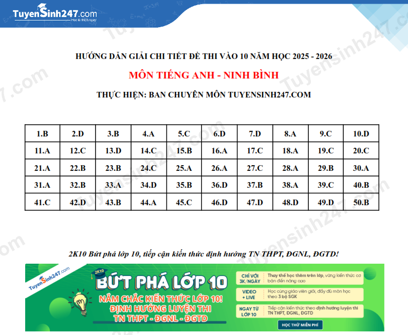 Dap an de thi vao lop 10 mon Anh 2025 - Ninh Binh