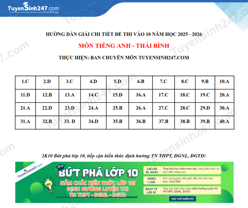 Dap an de thi vao lop 10 mon Anh 2025 - Thai Binh