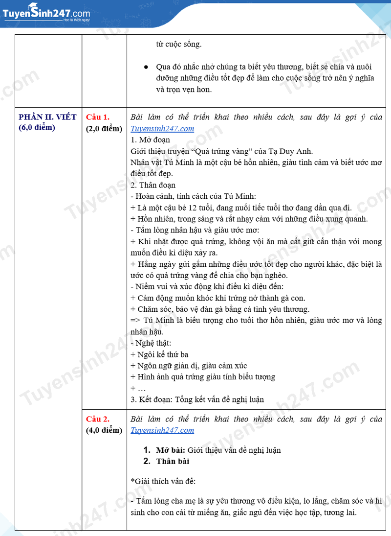 Dap an de thi mon Van vao lop 10 - Thai Binh 2025