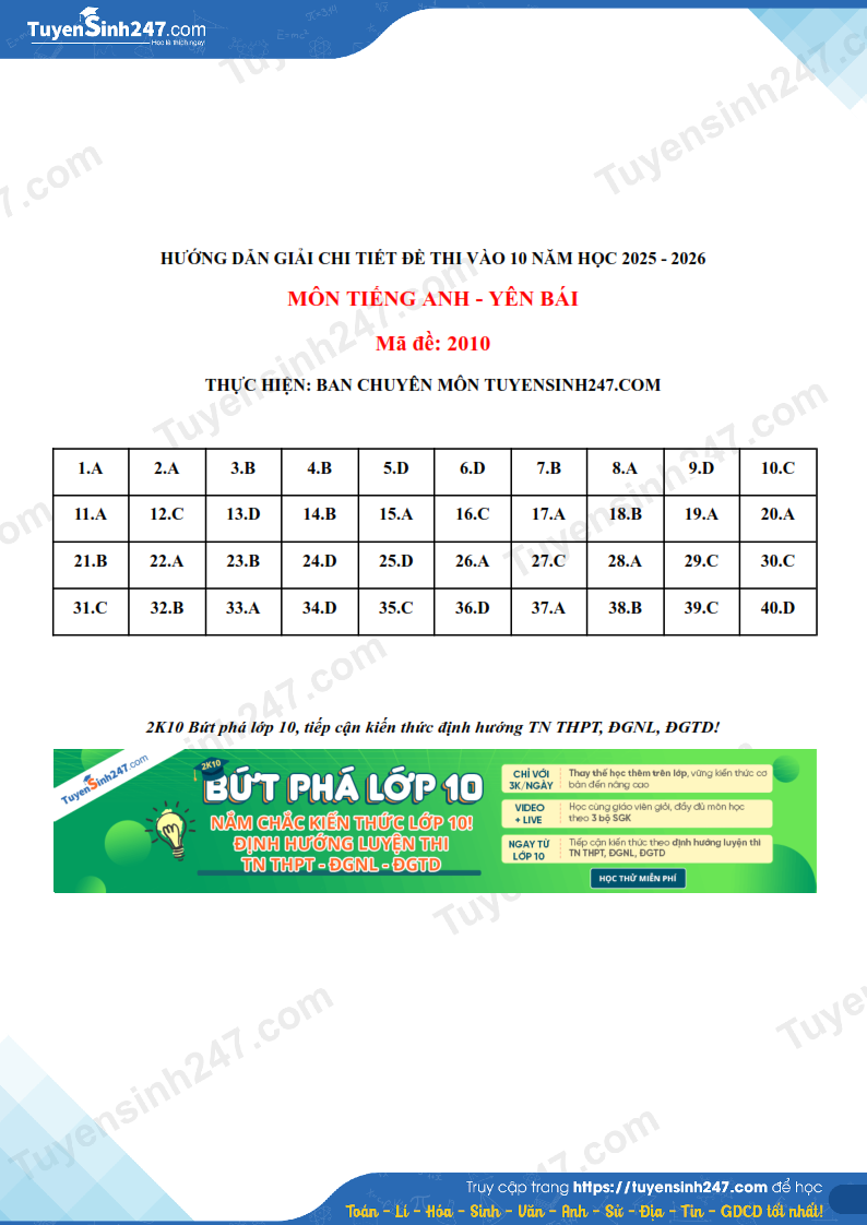 Dap an de thi vao lop 10 mon Anh 2025 - Yen Bai