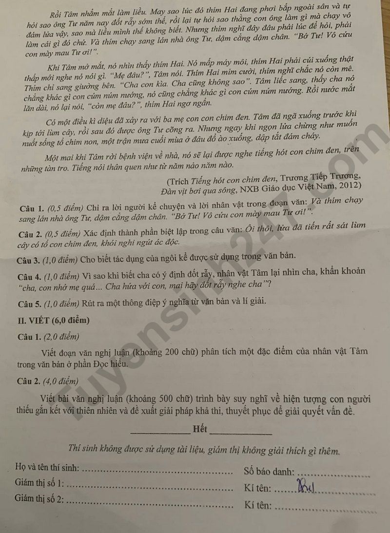 Dap an de thi mon Van vao lop 10 - Yen Bai 2025