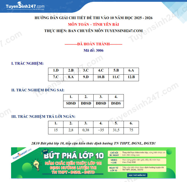 Dap an de thi vao lop 10 mon Toan 2025 - Yen Bai