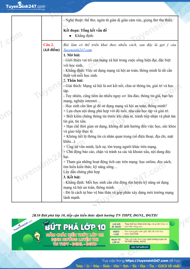 Dap an de thi vao lop 10 mon Van 2025 - Hoa Binh