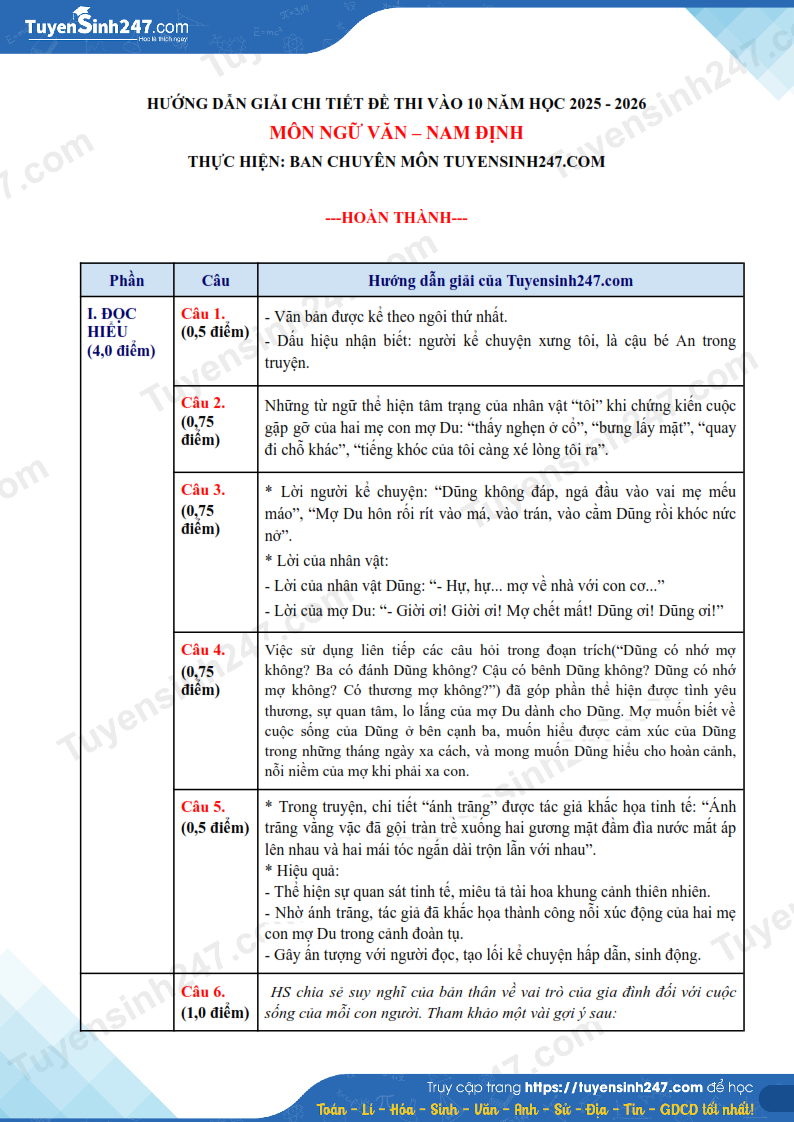 Dap an de thi vao lop 10 mon Van 2025 - Nam Dinh