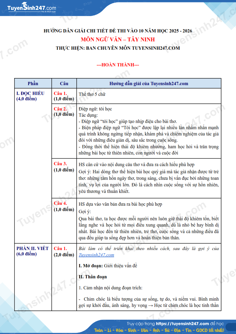Dap an de thi vao lop 10 mon Van 2025 - Tay Ninh