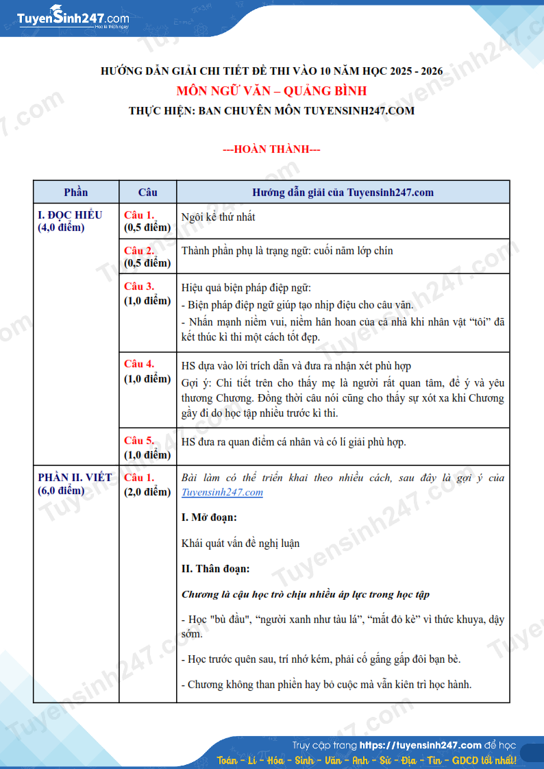 Dap an de thi vao lop 10 mon Van 2025 - Quang Binh