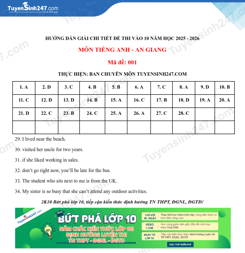 Dap an de thi vao lop 10 mon Anh 2025 - An Giang
